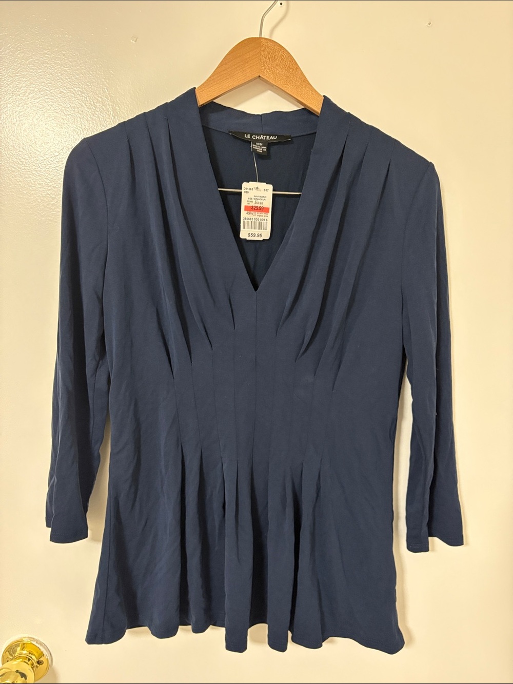 le chateau Navy V-Neck Pleated Long Sleeve Blouse